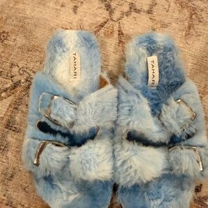 Tahari Light Blue Fuzzy Slippers
